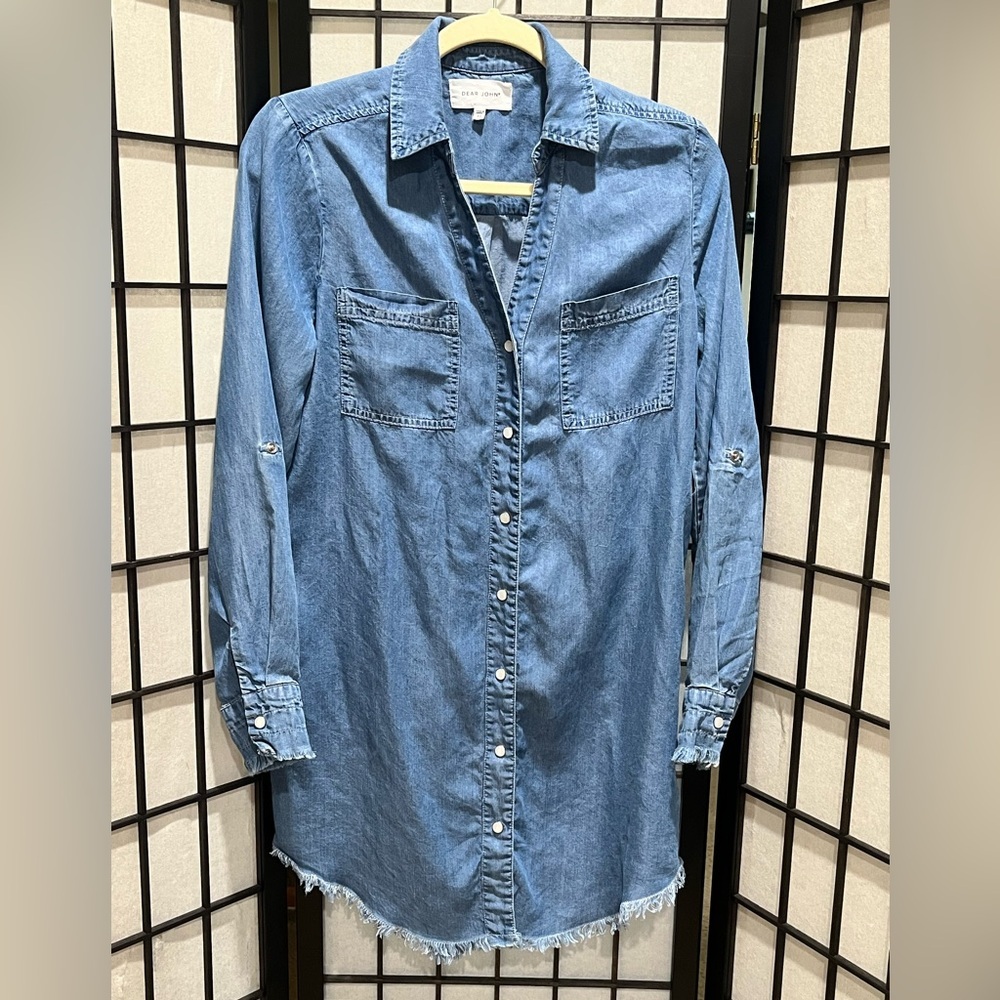Dear John Blue Chambray PEARL SNAP Up FRAYED EDGE SHIRT Dress SIZE XS